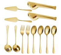12Pcs Stainless Steel Serving Utensil Set - 2X Serving Spoons, Forks, Tongs, Slotted Spoons & Bread Shovels, 1x Soup Ladle & Slotted Soup Ladle | Buffet Catering Tools, Kitchen Utensils (Gold)