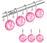 12PCS Stainless Steel Shower Curtain Hooks Rings for Bathroom, RustProof Metal Crystal Rhinestones Bling Shower Curtain Rings Hangers for Shower Curtains Decorative, Round Heavy Duty Hooks (Pink)
