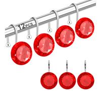 12PCS Stainless Steel Shower Curtain Hooks Rings for Bathroom, RustProof Metal Crystal Rhinestones Bling Shower Curtain Rings Hangers for Shower Curtains Decorative, Round Heavy Duty Hooks (Red)