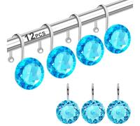 12PCS Stainless Steel Shower Curtain Hooks Rings for Bathroom, RustProof Metal Crystal Rhinestones Bling Shower Curtain Rings Hangers for Shower Curtains Decorative, Round Heavy Duty Hooks (Aqua Blue)