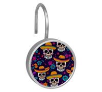 12PCS Sugar Skull Floral Pattern Shower Curtain Rings, Resin & Glass & Stainless Steel Hooks, Rustproof Heavy-Duty Hangers, Modern Decor for Bathroom, Easy to Clean