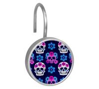 12PCS Sugar Skulls Floral Pattern Shower Curtain Rings, Resin & Glass & Stainless Steel Hooks, Rustproof Heavy-Duty Hangers, Modern Decor for Bathroom, Easy to Clean