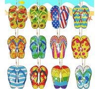 12Pcs Summer Diamond Painting Keychains Kit Flip Flop Diamond Art Keychains Double Sided Diamond Art Key Rings Hanging 5D Diamond Ornaments DIY Diamonds Painting Pendants Full Drill Diamonds Keychain