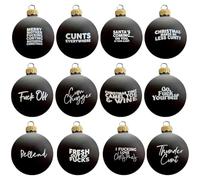 12PCS Sweary Bauble Bundle, Whimsical Christmas Bauble Pendant Christmas Tree Ornament Letter Print Playful BAUDLE, Novelty Offensive Tree Decor, Perfect Gag Gift (Black, 6CM)