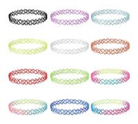 12pcs Tattoo Necklace Choker, Colorful Tattoo Necklaces Set Cute Flower Necklaces 90s Style Rainbow Elastic Choker Necklace for Women Girls