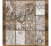 12Pcs Texture Stencils for Crafts Reusable, Mixed Media Stencils for Painting, Wood Grains Flower Templates Spider Web Layering Spray Paint Stencil Kit on Wall Canvas Cake Card DIY Art (11×7'')