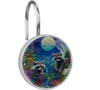 12Pcs Tropical Raccoon Moon Shower Curtain Hooks Rustproof Stainless Steel Decorative Shower Rings Hanger for Living Room Bedroom Bathroom Decor
