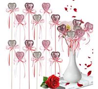 12pcs Valentines Day Heart Decorations, Glitter Foam Hearts on Sticks Valentines Decoration, Glitter Heart Decor for Valentine Theme Birthday Party Supplies (Champagne+rose gold+pink, Coarse sequins)