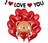 12Pcs Valentines Decorations Kits, 10Pcs 18Inch Red Heart foil Balloons, 35 inch Large Teddy Bear Balloon and 1 Pcs I Love You Banner for Wedding Valentine's Day Party Decorations