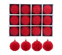 12pcs Velvet Christmas Balls, 6cm Flocked Baubles, 4 Patterns - Quilted, Ribbed, Leaf, Swirl, Velvet Matte Christmas Ornaments For Xmas Tree (Red)