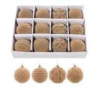 12pcs Velvet Christmas Balls, 6cm Flocked Baubles, 4 Patterns - Quilted, Ribbed, Leaf, Swirl, Velvet Matte Ornaments For Xmas Tree (Khaki)