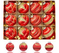 12pcs Velvet Christmas Baubles, Large Flocked Shatterproof Hanging Ornaments Balls for Christmas Tree Decorations, Glitter and Paint Baubles Xmas Decor Sets, 80mm Red