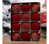 12pcs Velvet Flocked Christmas Tree Ornaments with Hanging Ropes and Metal Buckles, Perfect for Classic Holiday Decor on Various Surfaces (((LM112-6CM))