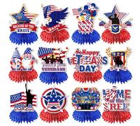 12Pcs Veteran Day Decorations Honeycomb Centerpieces, 3D Double Side Happy Veterans Day Table Decorations, Blue Red Home of the Free Centerpieces for Tables, Memorial Day Decorations for Office Decor