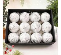 12Pcs Vintage Christmas Ball Ornaments 8cm Gold and White Plastic Baubles with Hanging Loop for Christmas Tree, Rustic Style Seasonal Home Decor Set(Silver)