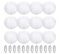 12PCS White Paper Lantern, 20cm Round Paper Lanterns with White Mini Led Lights Hanging Decorations Ball Lanterns Lamps for Garden Deco, Night Parties, Garden, Family Celebrations