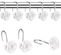 12Pcs White Rose Shower Curtain Hooks, Decorative White Rose Design Rings with Anti-Rust Finish Elegant Floral Bathroom Decor for Home Fashion Curtain Rings Hooks