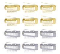 12pcs Wig Clip with Safety Pins, 10-Teeth Hair Extension Snap Invisible Wig Combs to Secure Wig No Sew Chunni Grip Dupatta Clips for Girls Women Wig Headscarf Hijab & Tikka (Gold, Silver)