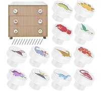 12Pcs Wooden Cabinet Knobs with Screws, 35mm Round Cute Dinosaur Pattern Kids Drawer Knobs, Decorative White Wood Furniture Pull Handle for Nursery Children's Room Cabinet Closet(12pcs (Dinosaur))