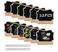 12Pcs Wooden Mini Chalk Boards Signs, 8x6cm Erasable Message Board Sign with Stand, Kitchen Notes Blackboards, Framed Small Black Chalk Boards with 2 Chalk Pens for Place Cards Wedding Birthday Party