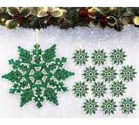12pk Glitter Snowflake Hanging Decorations, Christmas Tree Snowflake Baubles/Ornaments (Dk Green)