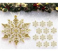 12pk Glitter Snowflake Hanging Decorations, Christmas Tree Snowflake Baubles/Ornaments (Gold)