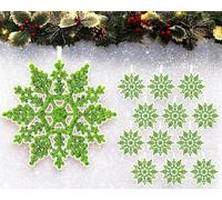 12pk Glitter Snowflake Hanging Decorations, Christmas Tree Snowflake Baubles/Ornaments (Lime Green)