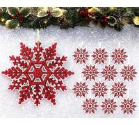 12pk Glitter Snowflake Hanging Decorations, Christmas Tree Snowflake Baubles/Ornaments (Red)
