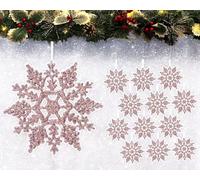 12pk Glitter Snowflake Hanging Decorations, Christmas Tree Snowflake Baubles/Ornaments (Rose Gold)