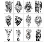 12sheets Temporary, Disposable Animal-Themed Tattoo Stickers For Men And Women, Black And White. 150 * 210MM A07