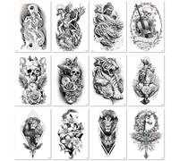12sheets Temporary, Disposable Animal-Themed Tattoo Stickers For Men And Women, Black And White. 150 * 210MM A08