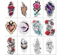 12sheets Waterproof Temporary Transfer Tattoo Stickers With Animal And Buddha Images For Men And Women, Black And White And Color. 150 * 210MM A10