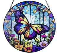 12''Stained Glass,Large Butterfly Decor Window Hanging,Handmade for Window Decoration,Painted Stained Glass Suncatcher,with Metal Chain