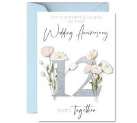 12th Anniversary Card for Women Men - Fancy Floral Flowers - Happy 12 Year Anniversary Card for Companion Boyfriend Girlfriend Partner, A5 Wedding Anniversaries Greeting Cards