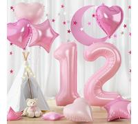 12th Birthday Balloon Pastel Pink for Girls, 40'' Self Inflating Number 12 Foil Balloon with Baby Pale Pink Heart Star Balloons Anniversary Decorations, Giant Mylar 12 Balloon for Wedding Party Decor
