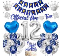 12th Birthday Balloons Decorations for Boy - 45 Pieces Blue Silver Decors Set Happy Birthday Garland Banner, Number 12 Heart Crown Balloon Cake Topper for Official Pre-Teen Party Supplies