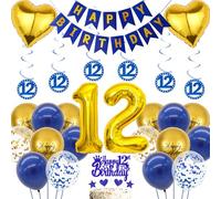 12th Birthday Balloons Decorations for Boys - 44 Pieces 12 Year Old Party Supplies with Number 12 Balloon Hanging Swirls, 12th Happy Birthday Banner Blue Gold Cake Topper