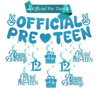 12th Birthday Banner Decorations for Boys - Official Pre-Teen Banners Blue Hanging Swirl Streamers, Fabric Sash with Glitter Suitable for Girls 12-Year-Old Party Decoration