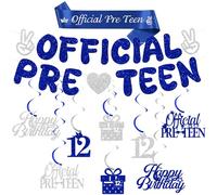 12th Birthday Banner Decorations for Boys - Official Pre-Teen Banners Blue Silver Hanging Swirl Streamers, Fabric Sash with Glitter Suitable for 12-Year-Old Party Decoration