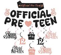 12th Birthday Banner Decorations for Girls - Official Pre-Teen Banners Black Rose Gold Hanging Swirl Streamers, Fabric Sash with Glitter Suitable for 12-Year-Old Party Decoration