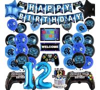12th Birthday Banner Decorations Kids - Official Teenager Gaming Party Decor with Controller Foil Balloons, Happy Birthday Cake Topper Balloon for Boys 12 Years Old Party Supplies