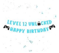 12th Birthday Banners for Boys - Blue Level 12 Unlock Bunting Banner With Game Controller Paper Happy Birthday Letters Banners for Kids 12 Years Party Supplie