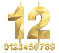 12th Birthday Candles, Number 12 Candle, Gold Birthday Candles for Cake, Diamond 3D Happy Birthday Candles, Cake Candle Decorations for Birthday Party Wedding Anniversary Celebration Supplies