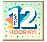 12th Birthday Card - 12 Today Hooray - Colourful Confetti and Geometric Shapes Design, Bright Fun Kids Birthday Card