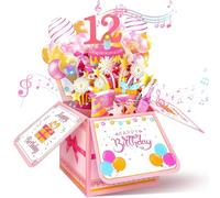 12th Birthday Card 3D Pop Up Musical Birthday Card With LED Candle | Pink Happy Birthday Card Gift Box With Lights Song Cards and Envelopes for Daughter Granddaughter