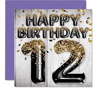 12th Birthday Card for Boys - Black & Gold Glitter Balloons - Happy Birthday Cards for 12 Year Old Boy Son Brother Grandson Cousin, 145mm Bday Greeting Cards Gift