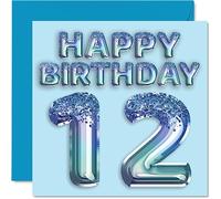 12th Birthday Card for Boys - Blue Glitter Party Balloon - Happy Birthday Cards for 12 Year Old Boy Grandson Son Brother Nephew, 145mm Bday Greeting Cards Gift