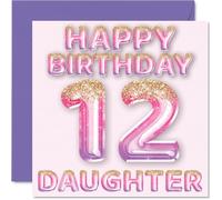 12th Birthday Card for Daughter, Pink & Purple Glitter Balloons