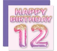 12th Birthday Card for Girls - Pink & Purple Glitter Balloons - Happy Birthday Cards for 12 Year Old Girl Daughter Sister Granddaughter Cousin, 145mm Bday Greeting Cards Gift