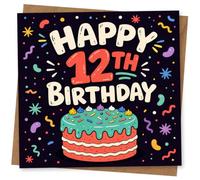 12th Birthday Card, Happy Message, Confetti Cake | Bold “HAPPY 12th BIRTHDAY” message with confetti-style artwork and a playful layered cake on a dark party background.